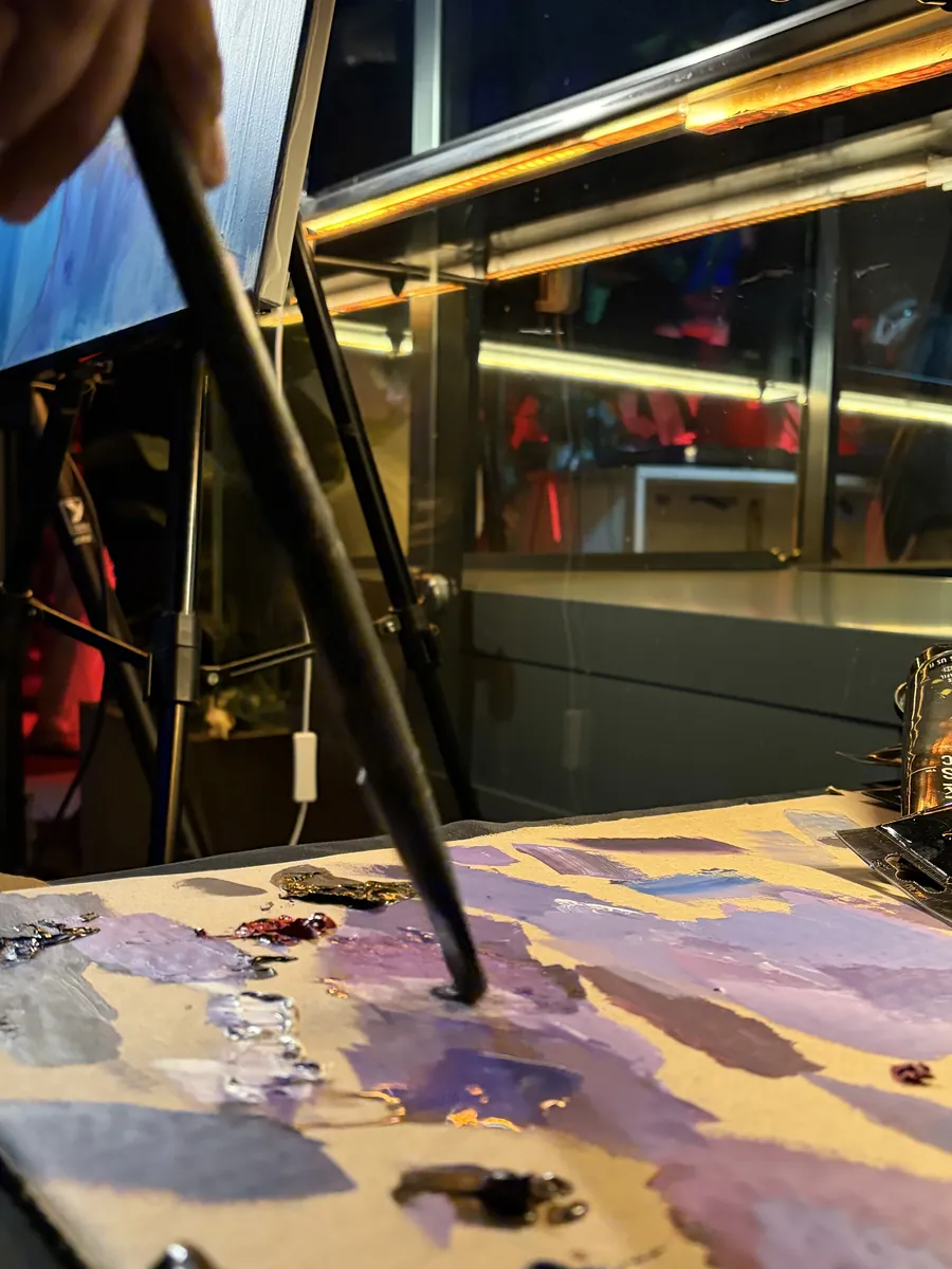 A canvas in progress on Amit Tejpal's easel